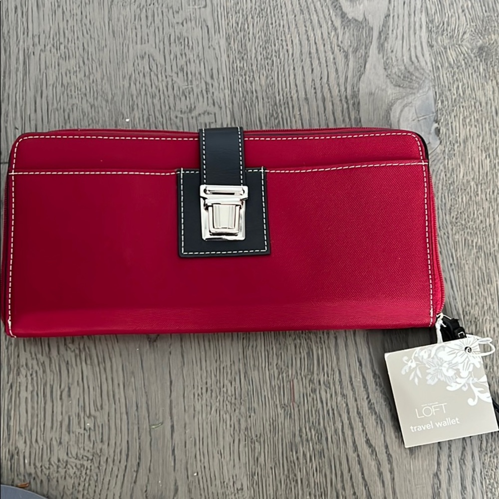 NWT Loft Travel Wallet Zip Around Wristlet Passport Holder Red 9.5" x 4.5"